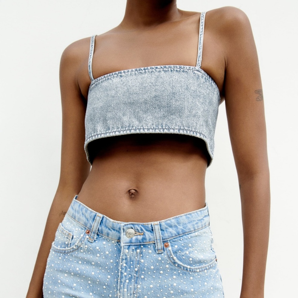 NWT Zara Denim Top (size XS-S) shimmery with two hook closure top back.
